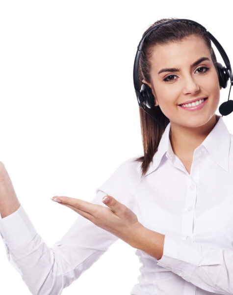 Smiling woman in headset presentation something